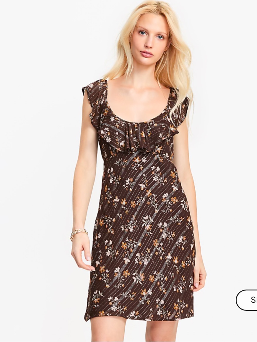 LOFT Brown Floral Ruffle Scoop-Neck Mini Dress